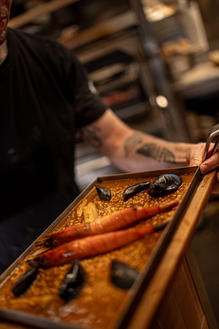 Charcoal rice with prawns and mussels, on the Josper grill
